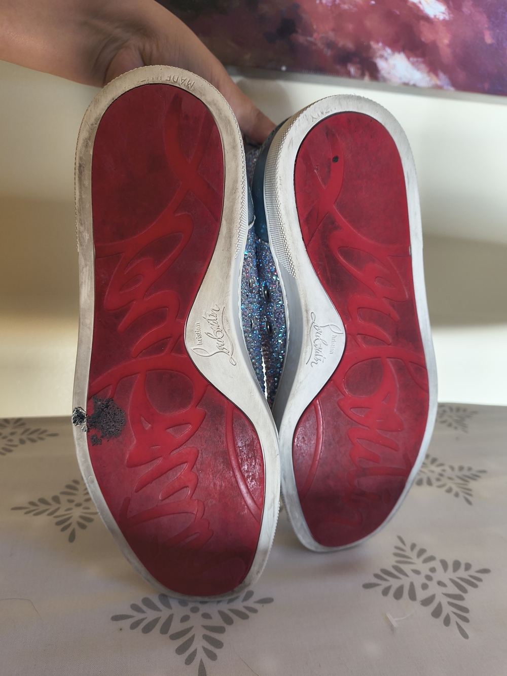 Christian Louboutin Metallic Blue Crystal High-Top Sneakers - Picture 5 of 11